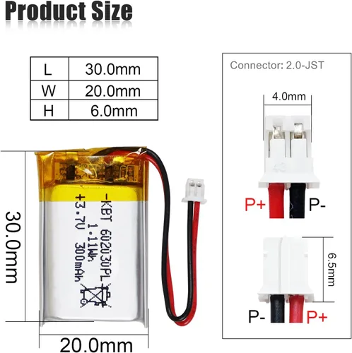 Miniatura 2 de Batería de polímero de litio KBT 3.7V 300mAh: 602030 Baterías de repuesto de iones de litio recargables Lipo con conector PH 1.25 JST, conector