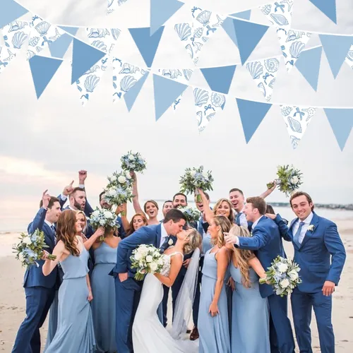 Miniatura 7 de Decoraciones náuticas costeras de 32 pies para fiestas de playa, lazo azul, estrellas de mar, conchas de mar, banderines de tela con banderines