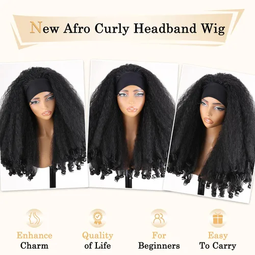 Miniatura 5 de SOKU Nueva peluca rizada afro con diadema, textura de cabello sintético trenzado con rizos únicos en el extremo, negro de 20 pulgadas, pelucas