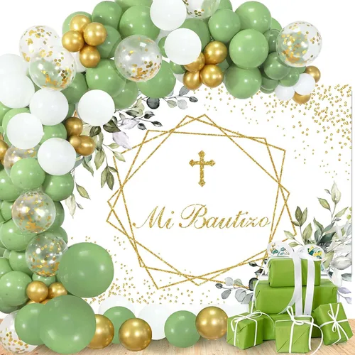 Decoraciones de fiesta de bautismo, con telón de fondo verde Mi Bautizo, pancarta de globos verde salvia, kit de arco de guirnalda de arco de