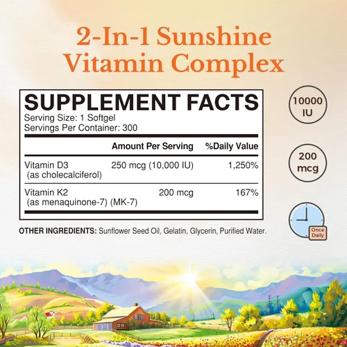 Miniatura 2 de Suplemento de Vitamina D3 K2 Vitalitown, Vitamina D3 10000 UI Vitamina K2 (MK7) 200 mcg, 300 Cápsulas Blandas, Sin GMO, Sin Gluten y Soya