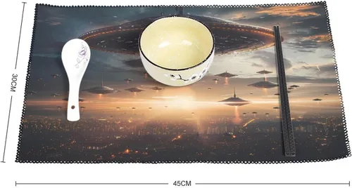 Miniatura 2 de Laminated Alienes Invasion Flying Saucer Spaceship Placemats Set of 6 Resistant Table Mats Washable Place Mats for Dinner Party Table Decoration