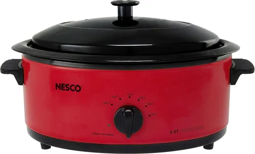 Nesco 481825PR Horno asador de acero inoxidable profesional con base de cocción de porcelana, 18 cuartos de galón, Rojo