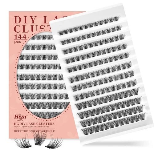 Miniatura 11 de Higu clace Kit de racimos de pestañas, 144 unidades de racimos de pestañas onduladas en D, kit de extensión de pestañas naturales de 0.315 a 0.630