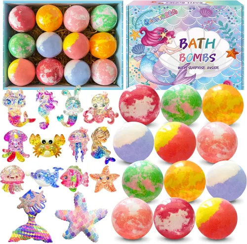 Bombas de baño para niños con sorpresa en el interior, 12 bombas de baño para niños con juguetes de sirena, juego de regalo para niñas, manteca de