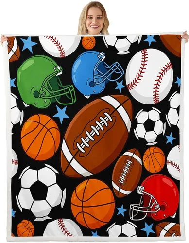 Feelyou Football Throw Blanket Basketball Sports Soft Fleece Sherpa Cozy Fuzzy Plush Warm Soccer Ball Game Fuzzy Plush Throw Black Baseball Gaming