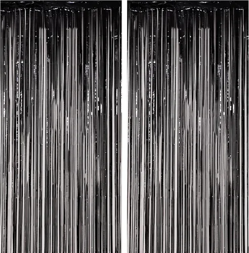 Voircoloria Paquete de 2 Cortinas de Fondo de Flecos de Papel Aluminio Negro, Serpentinas de Oropel Decoraciones de Fiesta de Cumpleaños, Telón de