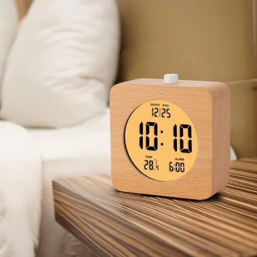 Miniatura 5 de Plumeet Reloj Despertador Digital de Madera para Dormitorios, Reloj Despertador de Madera de 4'' a Batería con Repetición y Luz Nocturna, Reloj