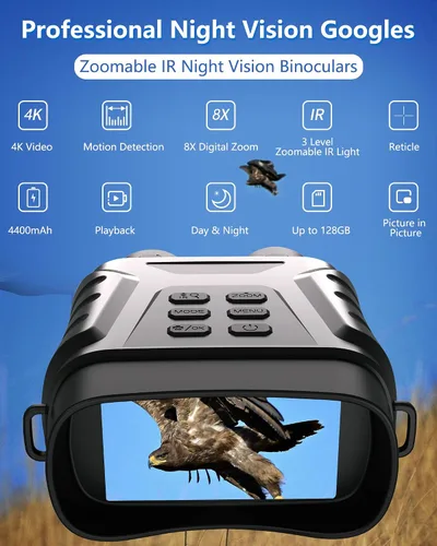 Miniatura 2 de Gafas de visión nocturna 4K, binoculares, regalo para hombres y adultos, zoom digital 8X, potente luz IR ajustable, visión de hasta 1312 pies