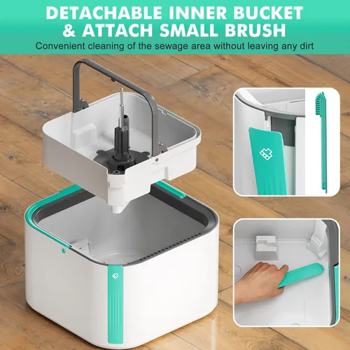 Miniatura 5 de Trapeador giratorio mejorado y cubo de trapeador autosuficiente, sistema de agua sucia y limpia, rotación de 360° y plegable de 90°, trapeadores