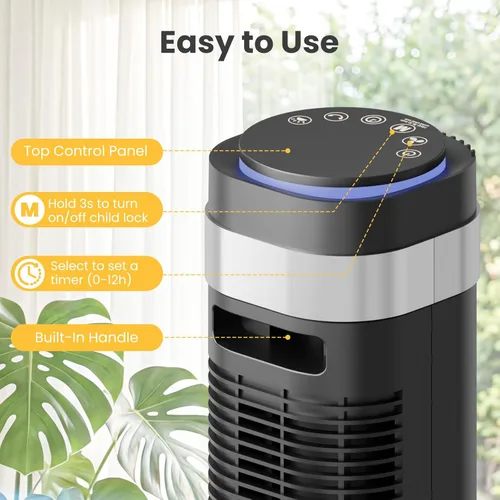 Miniatura 7 de NEWBULIG Ventilador de torre para dormitorio, ventilador oscilante sin aspas con control remoto, 5 velocidades y 4 modos, 28 dB silencioso para Negro