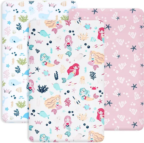 Miniatura 12 de PHF 3 paquetes de sábanas de cuna suaves, sábanas bajeras florales rosa transpirables y cómodas para niñas, ajuste universal sin deslizamiento