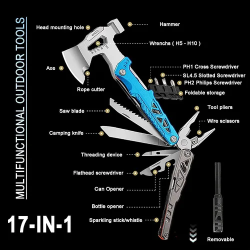 Miniatura 2 de Herramienta multifuncional 17 en 1 para exteriores con martillo, alicates, llaves, cuchillo utilitario, sierra, abridor de botellas, Azul