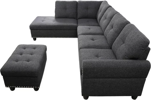 Miniatura 3 de EMKK Sofá modular de 3 piezas, juego de muebles de sala de estar, sofá esquinero tapizado de 5 plazas en forma de L, 1 diván gris oscuro