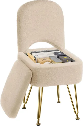 GREENSTELL Taburete de tocador con almacenamiento y respaldo plegable, 13.4 x 15 x 30 pulgadas, otomana cuadrada de piel sintética suave, 4 patas de