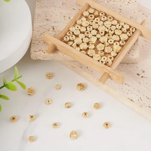 Miniatura 6 de KISSITTY 84 cuentas espaciadoras chapadas en oro de 14 quilates para hacer joyas, cuentas triangulares de calabaza, espaciadores de metal