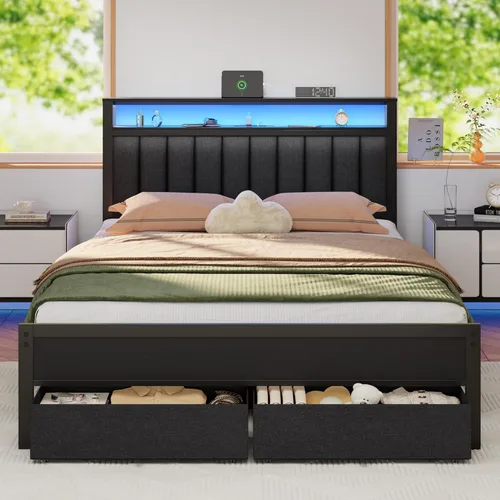 Miniatura 10 de Furnulem Bases de Cama Individual con Estación de Carga y Luces LED, Cabecero Tapizado Gris con Estantes, Cama de Plataforma de Metal con 2