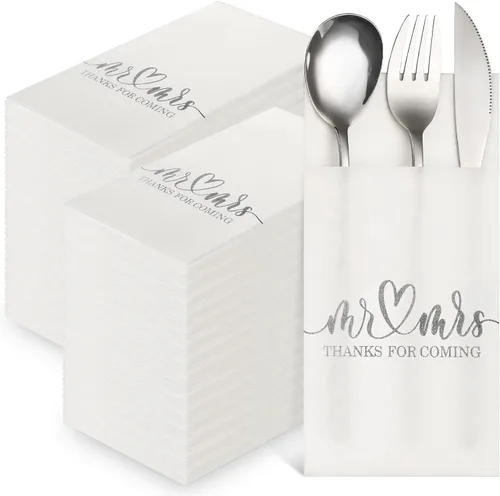 Miniatura 7 de Panelee 100 servilletas de boda con bolsillo integrado para cubiertos de Mr and Mrs personalizadas, sensación de lino, suministros de cena Dorado