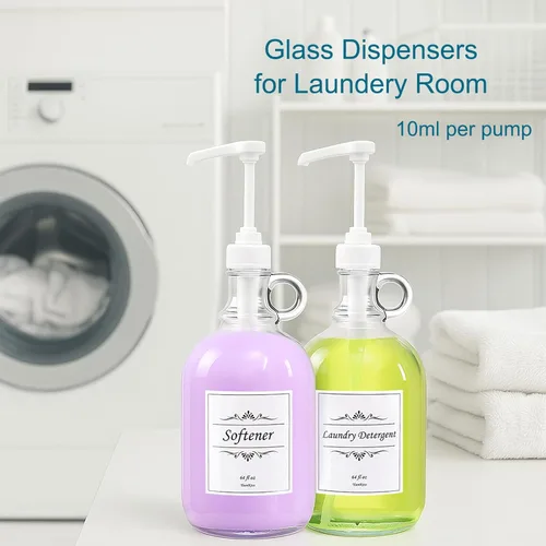 Miniatura 2 de Paquete de 2 dispensadores de detergente para ropa con bomba y tapa, botellas de vidrio de 64 onzas para organización y almacenamiento