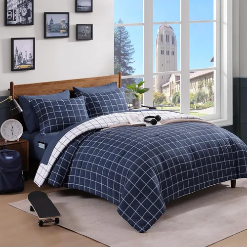 Miniatura 19 de AMBERSPACE Juego de edredón tamaño matrimonial, juego de ropa de cama a cuadros azul gris de 7 piezas para niños, niñas y adolescentes, juego