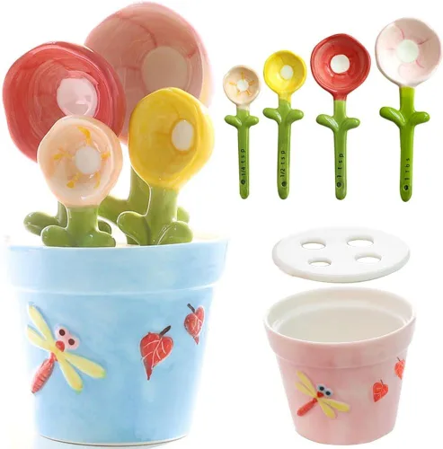 Juego de cucharas medidoras de flores en maceta, cucharas medidoras de cerámica para hornear con soporte para ingredientes secos y húmedos, bonita