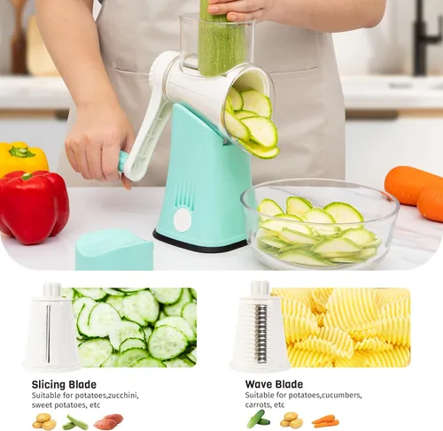Miniatura 3 de Rallador de queso rotativo de 5 en 1 con manivela manual, rebanadora de verduras trituradora con 5 cuchillas intercambiables, ralladores para 5 in 1