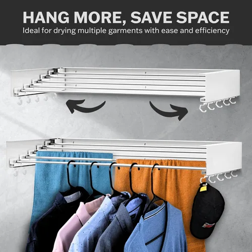 Miniatura 4 de Estante de secado de ropa montado en la pared, retráctil y plegable, 80 cm de ancho, 4 metros lineales, 5 varillas de aluminio resistentes, Blanco