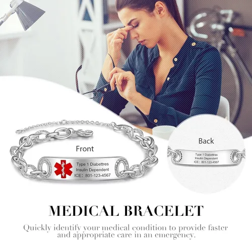 Miniatura 5 de Pulseras de identificación médica personalizadas de acero inoxidable para mujeres