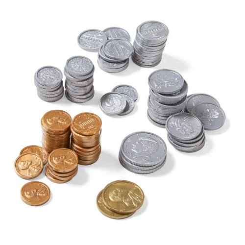Miniatura 5 de hand2mind Juego surtido de monedas de dinero falsas, monedas falsas detalladas, dinero de utilería, dinero de juguete, dinero de juego para niños