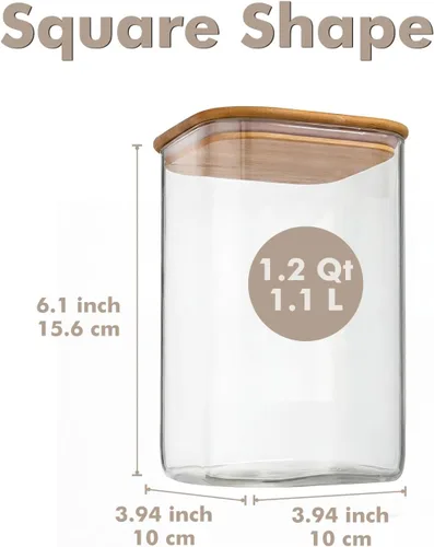 Miniatura 2 de 37oz 4PCS Frascos de almacenamiento de vidrio con tapas, tarros de vidrio con tapas para despensa, recipiente cuadrado para galletas, nueces