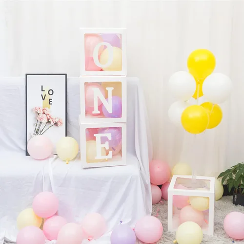 Miniatura 3 de Cajas de globos de primer cumpleaños para niño o niña con letras "ONE" individuales, tres cajas cuadradas blancas transparentes para decoración