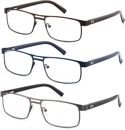 Miniatura 2 de Lentes de lectura de metal para hombres, con bloqueo de luz azul, lentes rectangulares de borde completo, bisagras de resorte, paquete de 3