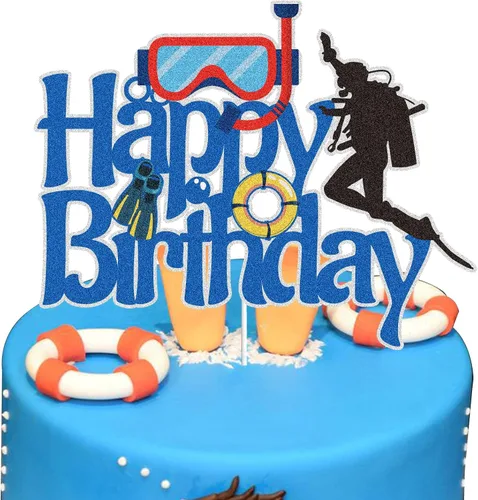 Decoración para tartas de cumpleaños con purpurina azul, buceo, deportes submarinos, océano, verano, natación, pastel, decoración, buceador,