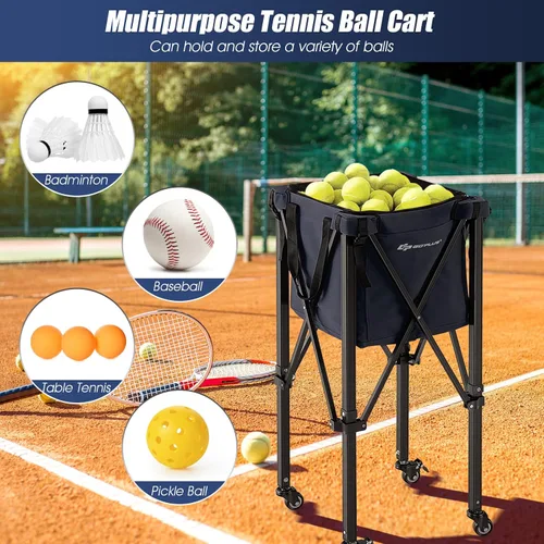 Miniatura 5 de Goplus Tolva plegable para pelotas de tenis, cesta de aluminio ligera con ruedas, bolsa extraíble, bolsillos laterales, bolsa de transporte, carrito