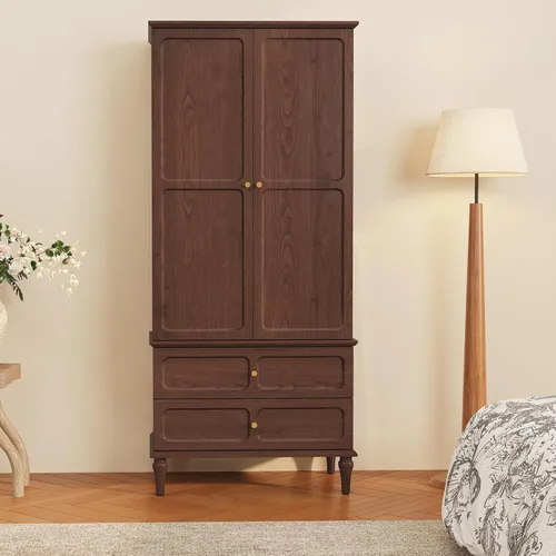 Miniatura 8 de HLR Armario moderno de mediados de siglo de 71 pulgadas con puertas y cajones, armario de almacenamiento de madera con barra para colgar para Negro