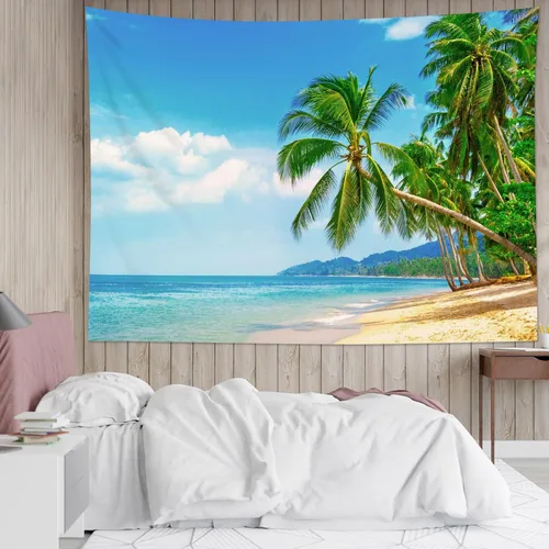 Miniatura 10 de HVEST Tapiz de playa para colgar en la pared, paisaje tropical azul océano, tapiz natural para dormitorio, palmera verde con cielo azul, nube