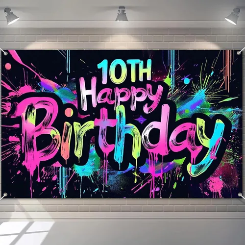 HOMETITUTE Pancarta de Neón de Feliz 10mo Cumpleaños 71 x 43 pulgadas, Salpicadura de Pintura que Brilla en la Oscuridad, Telón de Fondo para