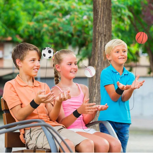 Miniatura 3 de Skylety 6 Piezas Pelota de Retorno de Muñeca con Cuerda Pelotas Deportivas de Rebote de 2.48 Pulgadas con Correa Elástica Fútbol Baloncesto Béisbol