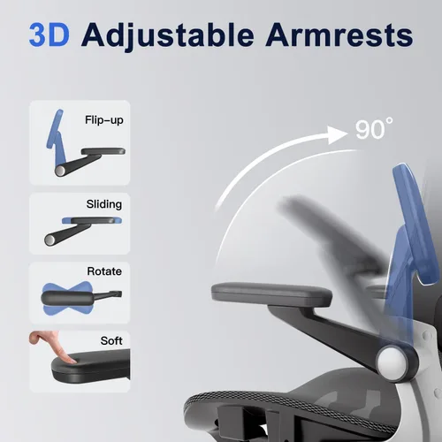 Miniatura 18 de marrap Silla de oficina ergonómica, cojín de asiento de malla con reposabrazos 3D y reposacabezas 3D, soporte lumbar ajustable con función