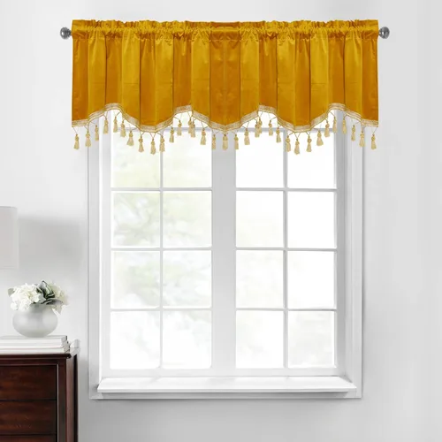 Miniatura 17 de StangH Cortinas decorativas de lujo, cenefa azul con bloqueo de luz, cenefa festoneada para ventana pequeña con bolsillo sólido para barra, cortina