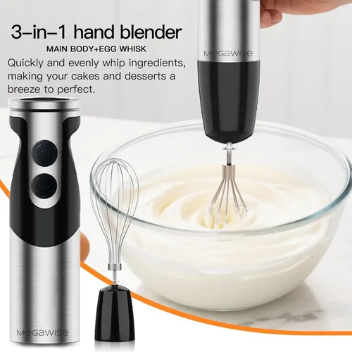 Miniatura 6 de Megawise Batidora de Mano de Alta Potencia – 400W de Potencia Máxima con Accesorios Versátiles 3 en 1 (Eje Mezclador, Batidor, Picadora); Diseño
