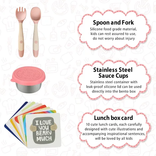Miniatura 5 de wiwens Lonchera Bento para Niños con Termo para Sopa de 12 oz a Prueba de Fugas, Contenedor de Comida para Almuerzo con 5 Compartimentos, Frasco