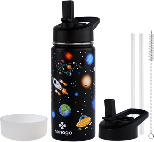 Botella de agua para niños con aislamiento de acero inoxidable de 16 onzas, a prueba de fugas, termo de metal con tapa con pajilla, bonito vaso para