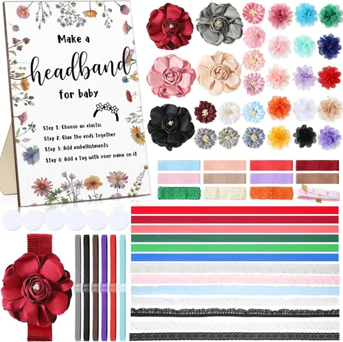 Miniatura 9 de Geosar Kit de diadema para baby shower, incluye letrero de madera con 60 cintas elásticas de flores bonitas, 10 telas redondas con cinta
