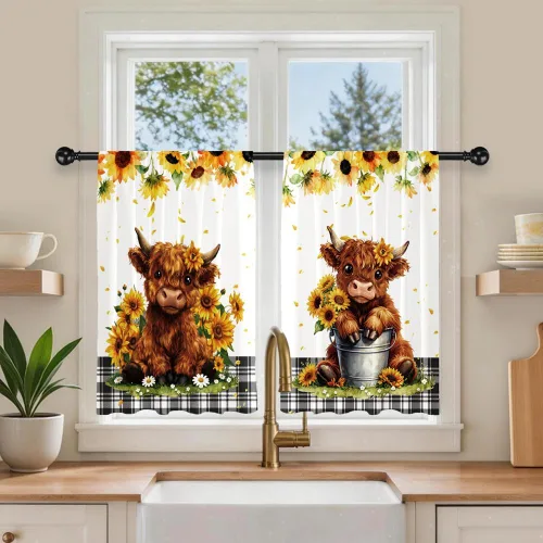 Miniatura 9 de Barn Door Printed Polyester Short Kitchen Curtains 27.5" W x 36" L, Rod Pocket Rustic Wood Door Curtains, Small Decorative Window Curtains for