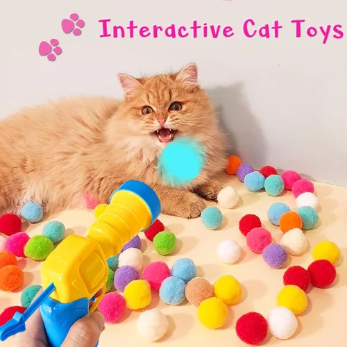 Miniatura 5 de 2 lanzadores de juguetes para gatos y 100 pelotas de pompón para gatos, lanzador de pelotas de juguete para gatos, juguete interactivo