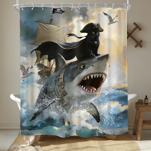 Miniatura 23 de Divertida cortina de ducha con diseño de gato de surf, tiburón, divertida, náutico, océano, océano, mar, ondas, animales, novedad, 72 pulgadas