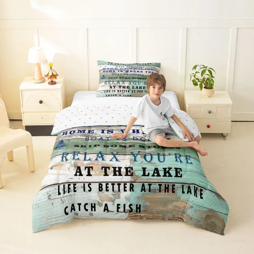 Miniatura 24 de Juego de ropa de cama King para casa del lago, juego de edredón de paleta de madera retro para regalos para amantes del lago, inserto de edredón
