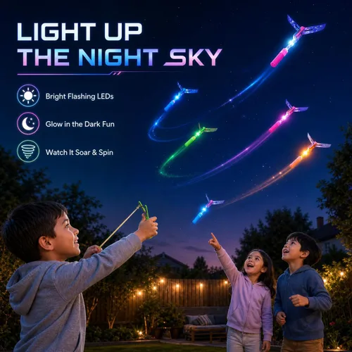 Miniatura 5 de JX Rocket Slingshot - Juguetes voladores con luces LED, 12 helicópteros de flecha LED + 12 lanzadores, juego de verano al aire libre, juguete