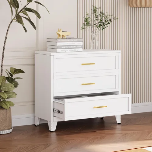 Miniatura 8 de Cómoda blanca de 5 cajones para dormitorio, cómodas y cajoneras de metal de 53.46 pulgadas de alto con diseño de esquinas curvas, cajonera Blanco